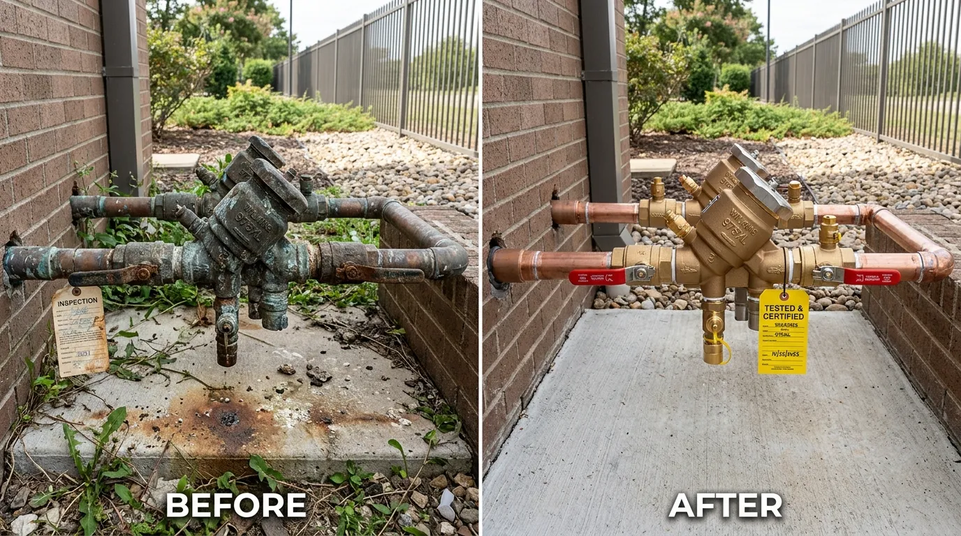 Backflow Testing Repair and Replacement Before and After - DeLaney Auro Plumbing Aurora CO