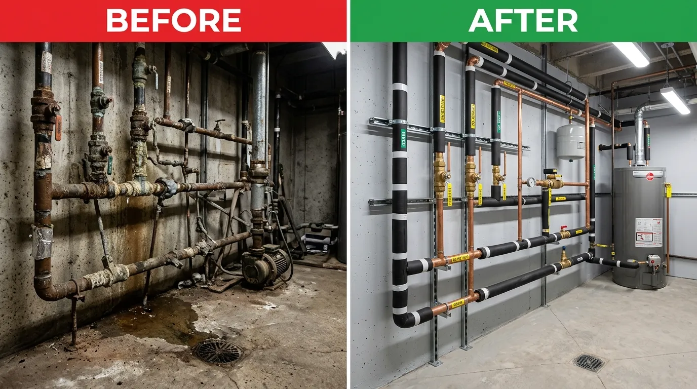 Commercial Plumbing Pipe Repiping Repair and Replacement Before and After - DeLaney Auro Plumbing Aurora CO