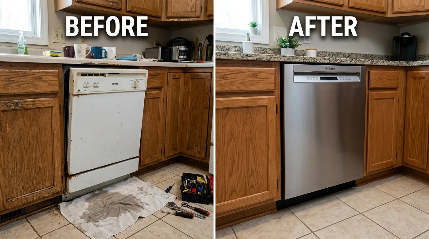 Dishwasher plumbing repair before and after by DeLaney Auro Plumbing in Aurora CO showing improved water connections and drain routing