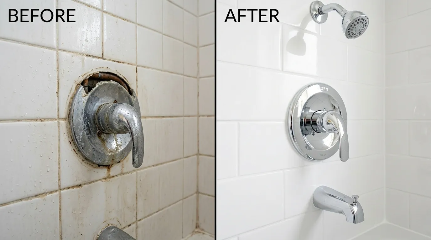 Shower valve repair and replacement before and after by DeLaney Auro Plumbing in Aurora CO showing improved temperature control and secure valve connections