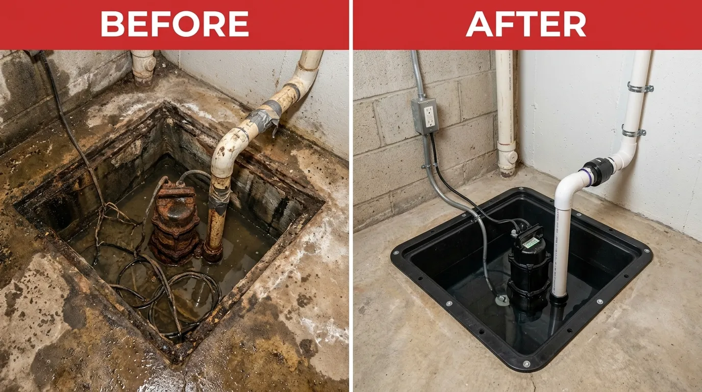 Sump Pump Repair and Replacement Before and After - DeLaney Auro Plumbing Aurora CO