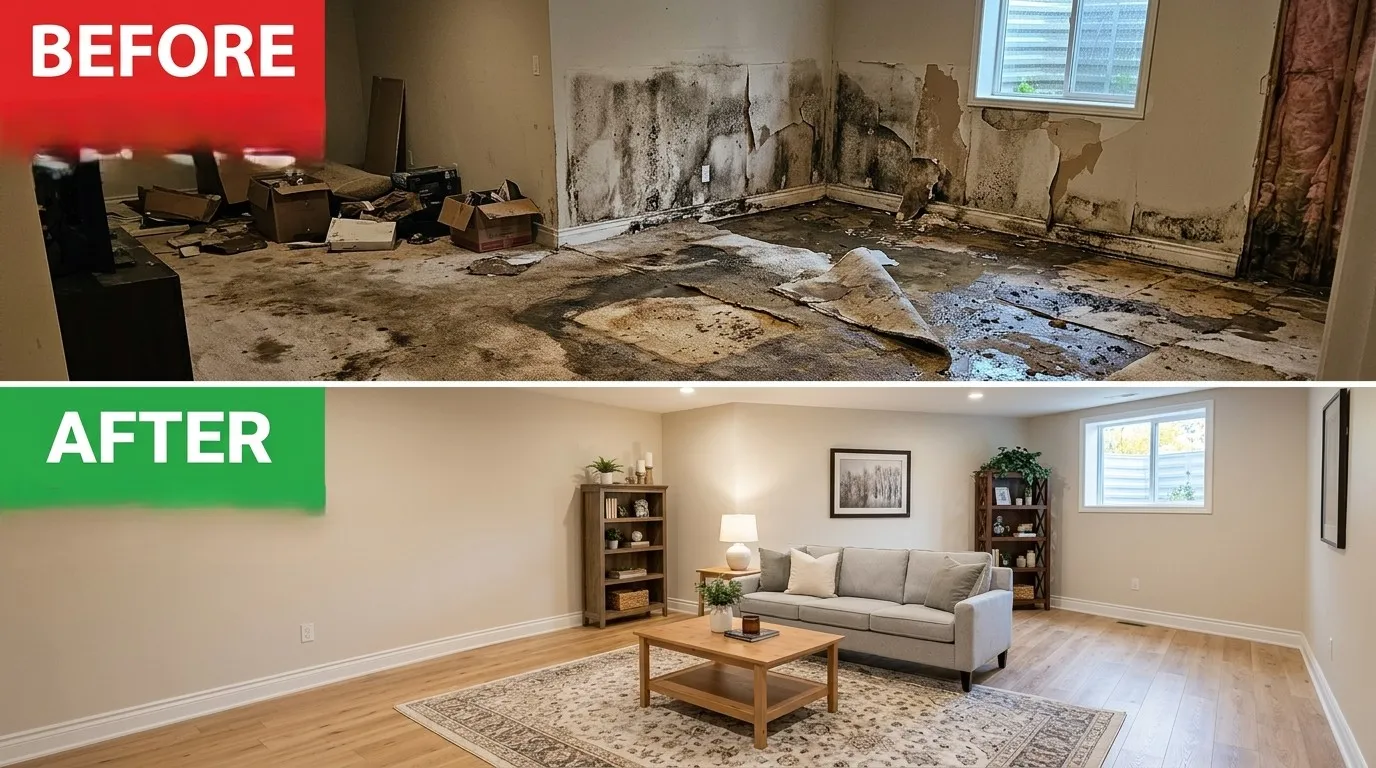 Water damage restoration before and after by DeLaney Auro Plumbing in Aurora CO showing leak repair and damage control