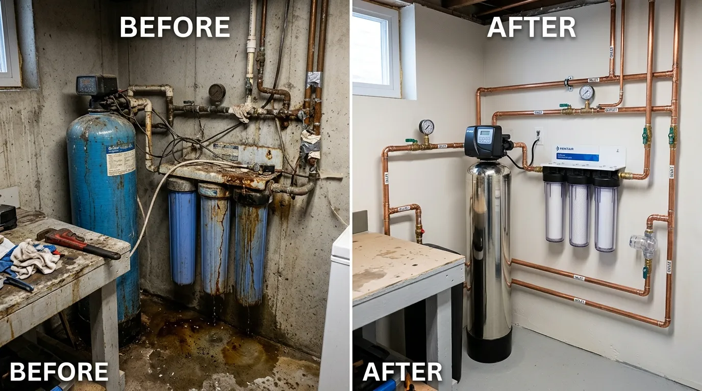 Water Filtration System Replacement Before and After - DeLaney Auro Plumbing Aurora CO