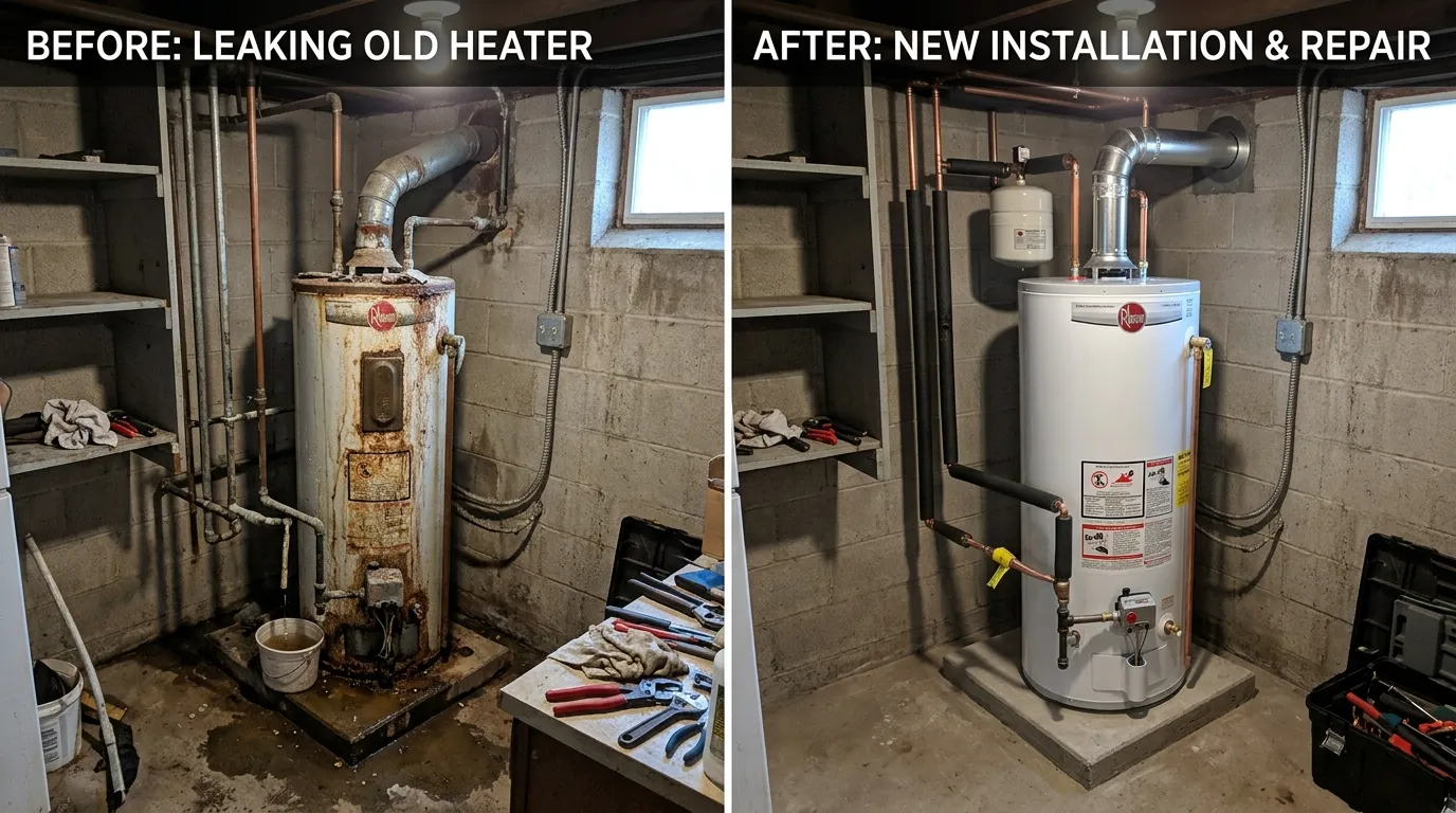 Water Heater Repair and Replacement Before and After by DeLaney Auro Plumbing Aurora CO